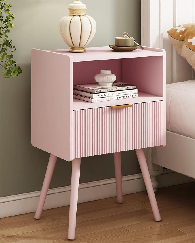 Modern Bedside Table With Storage Drawer Wood Shelf
