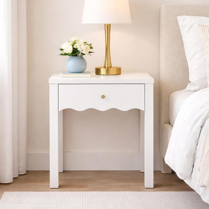 Scalloped Edge Bedside Table With Drawer Open Shelf
