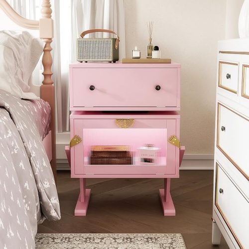 Modern Nightstand With LED Drawer Glass Door Storage