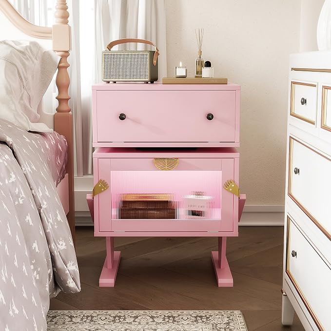 Modern Nightstand With LED Drawer Glass Door Storage